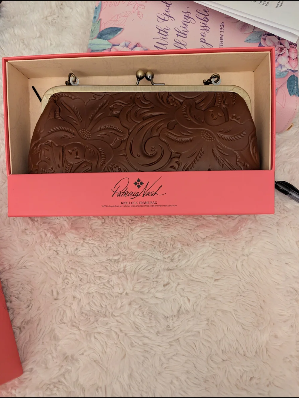 Patricia Nash Brown Embossed Leather Clutch With Cross Body Chain